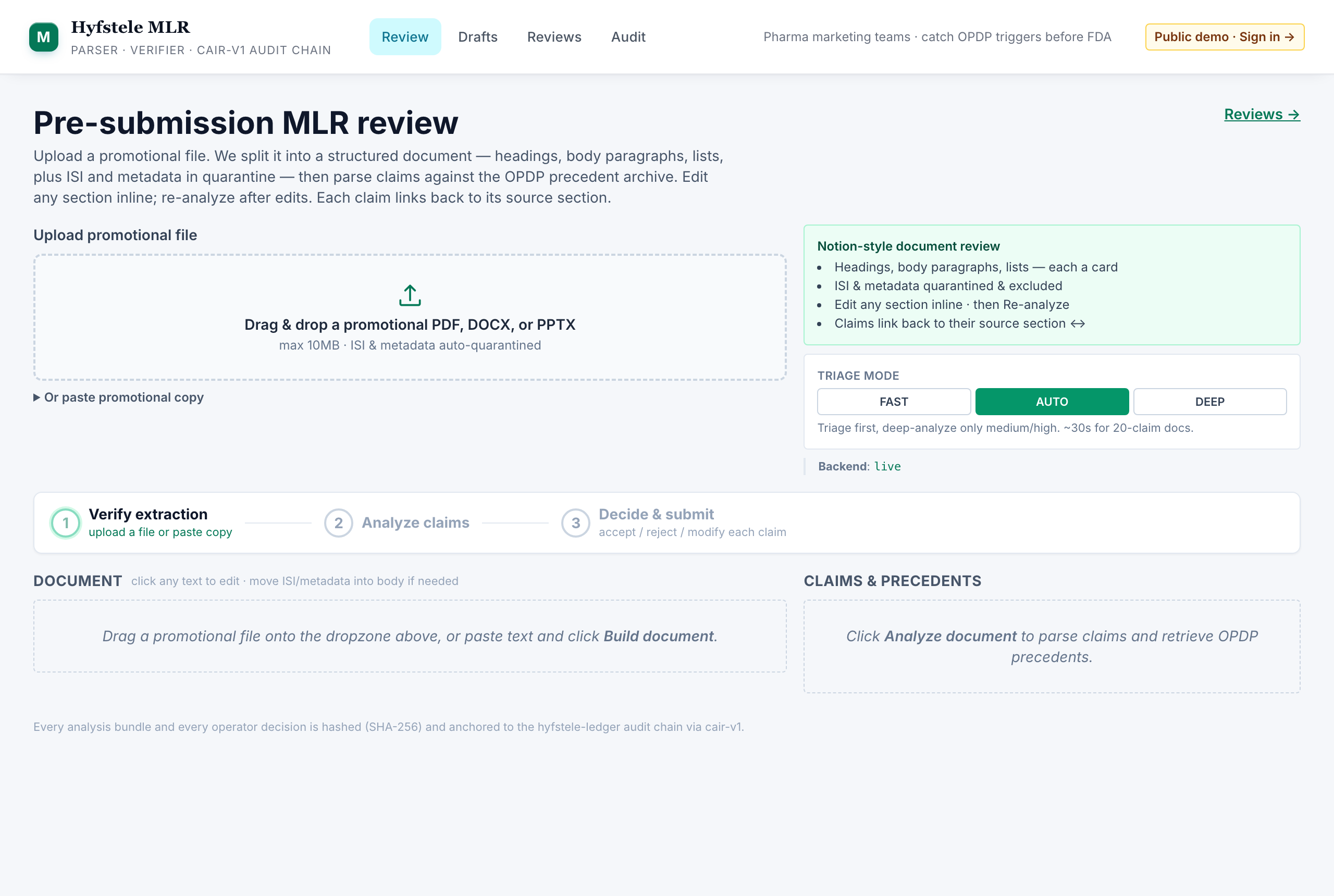 Hyfstele — a routine review cleared automatically, grounded in the customer's own knowledge base, with a signed cair-v1 record